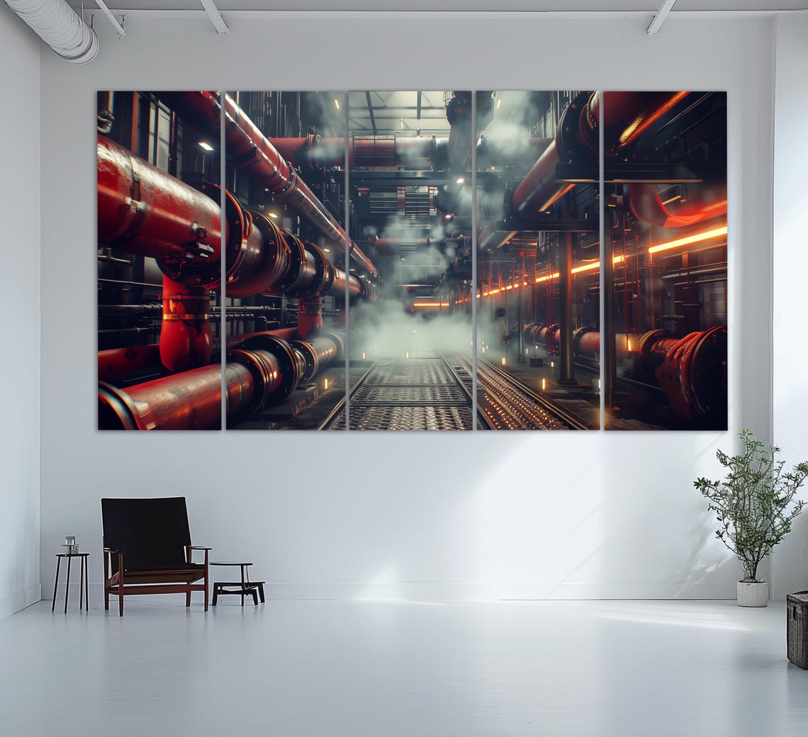 Dark Industrial Pipes Corridor Steam Orange Lights Moody Wall Art - Image 2