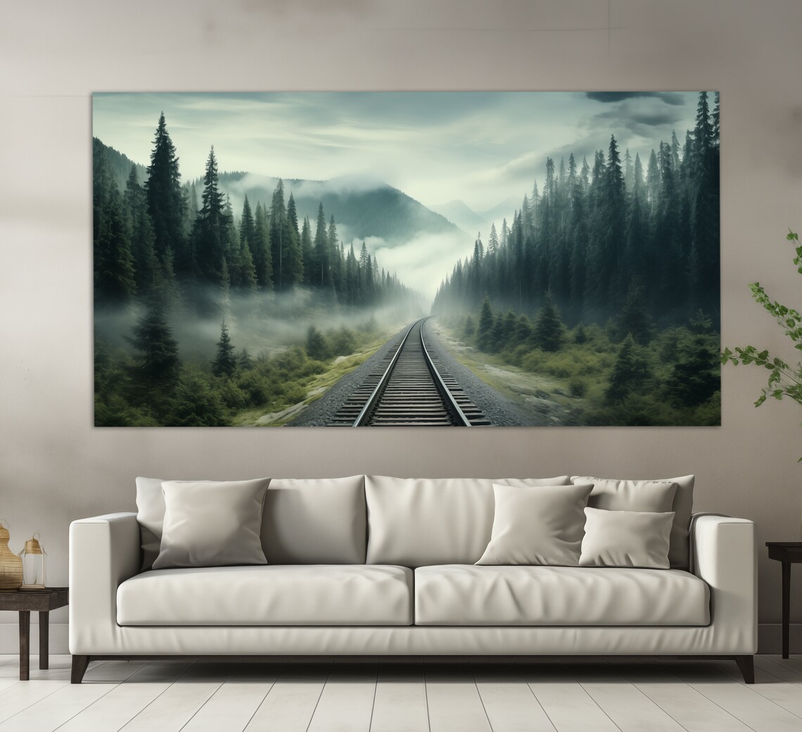 Railway Through The Foggy Forest, Travel Art Print