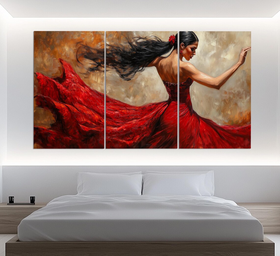 Flamenco Dancer Flowing Red Dress Twirling Motion Oil Painting Style Poster - Image 3