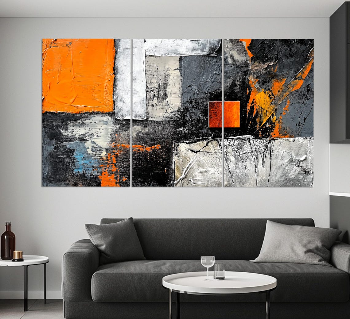 Abstract Orange Black White Geometric Textured Painting Wall Art Print - Image 3