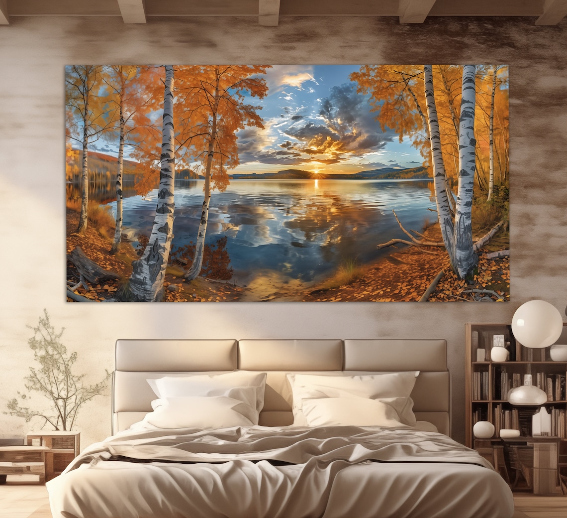 Golden Autumn Birch Forest Lake Reflection Painting Nature Art Poster