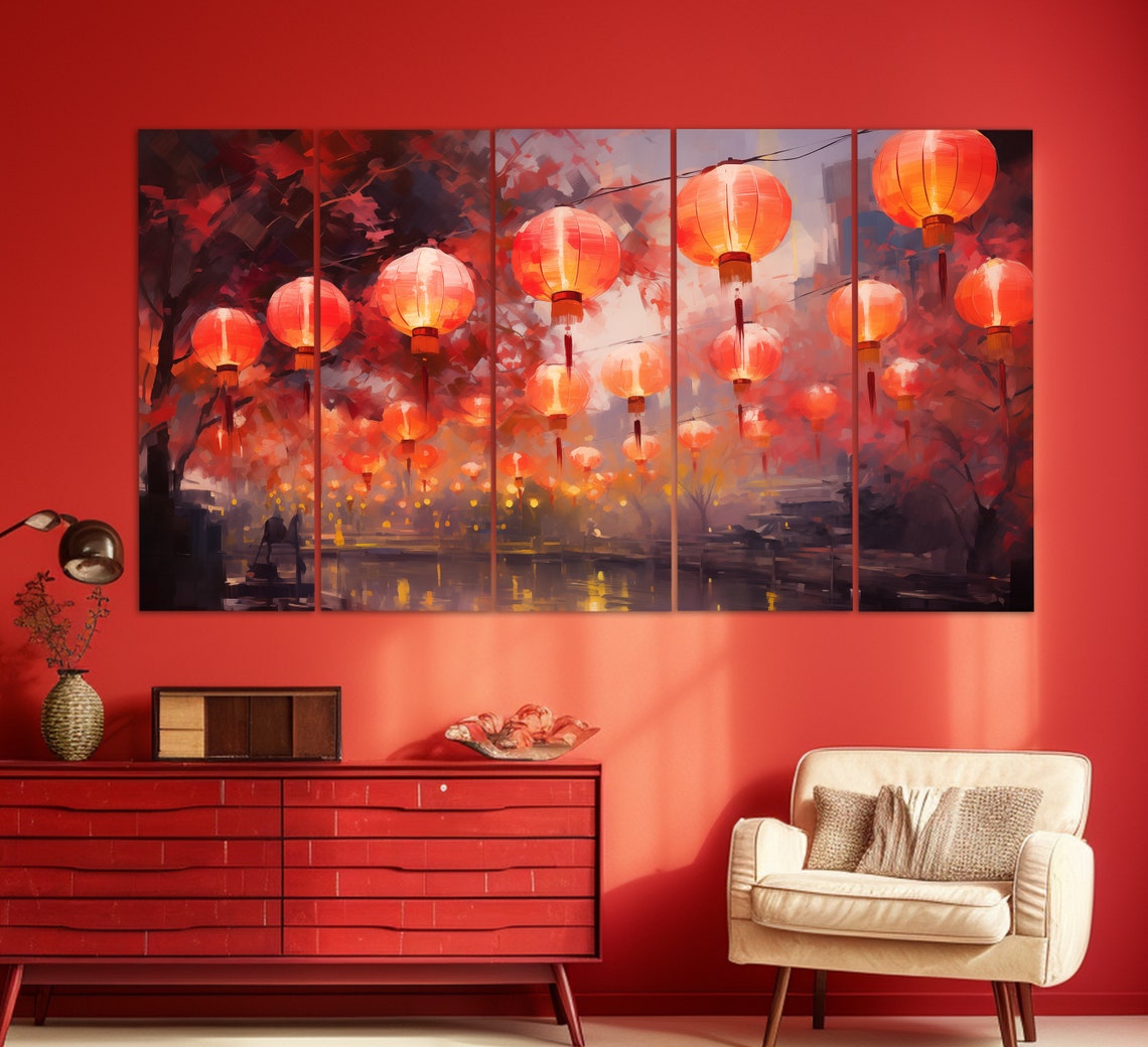 Chinese Lantern Festival Print In An Vintage Oil Painting Style Chinese Wall Art Chinese Lanterns Painting Chinese Art - Image 2