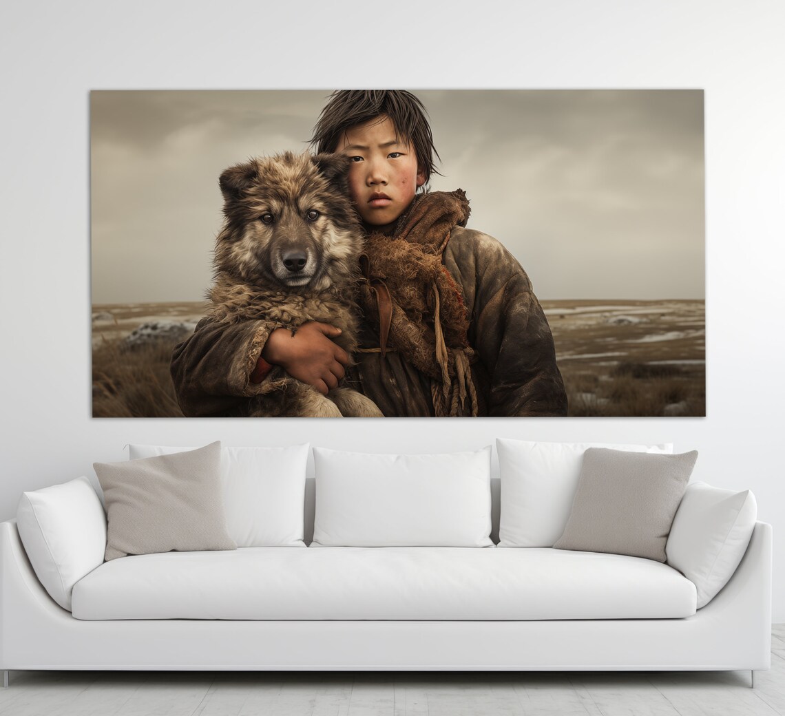 Far East Boy With Dog Steppe Vintage Photography Style Print