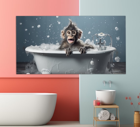 Funny Baby Monkey Splashing In Bubble Bath Happy Bath Time Wall Art