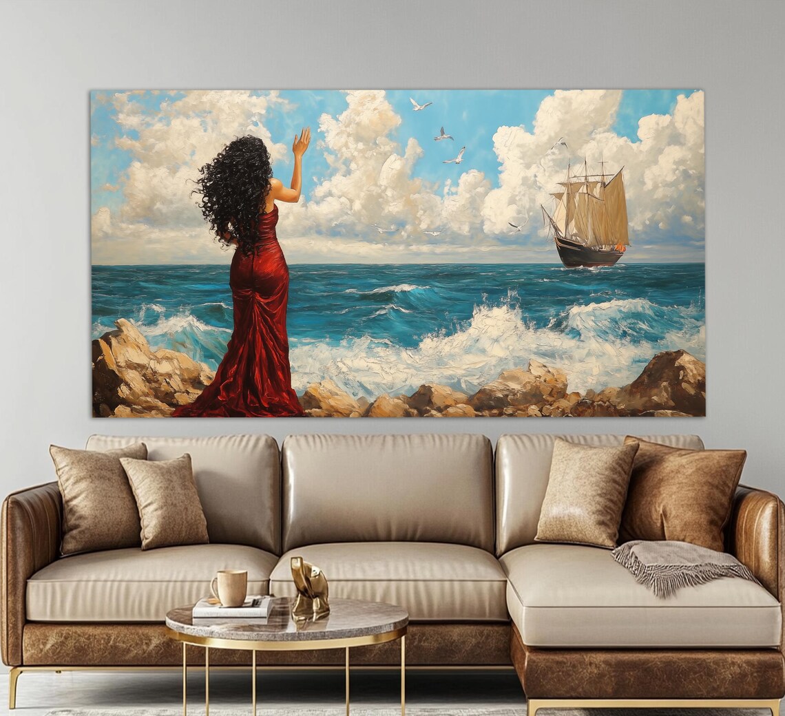 Woman in Red Dress Waving to Sailing Ship Romantic Seascape Poster