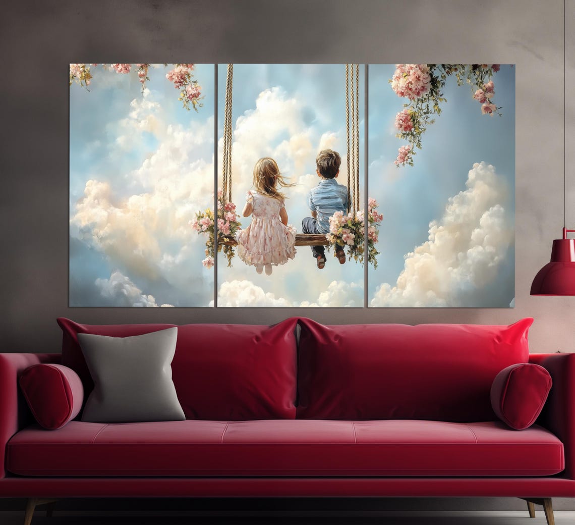 Children On Swing In Sky Whimsical Dreamy Kids Room Wall Art Poster - Image 3