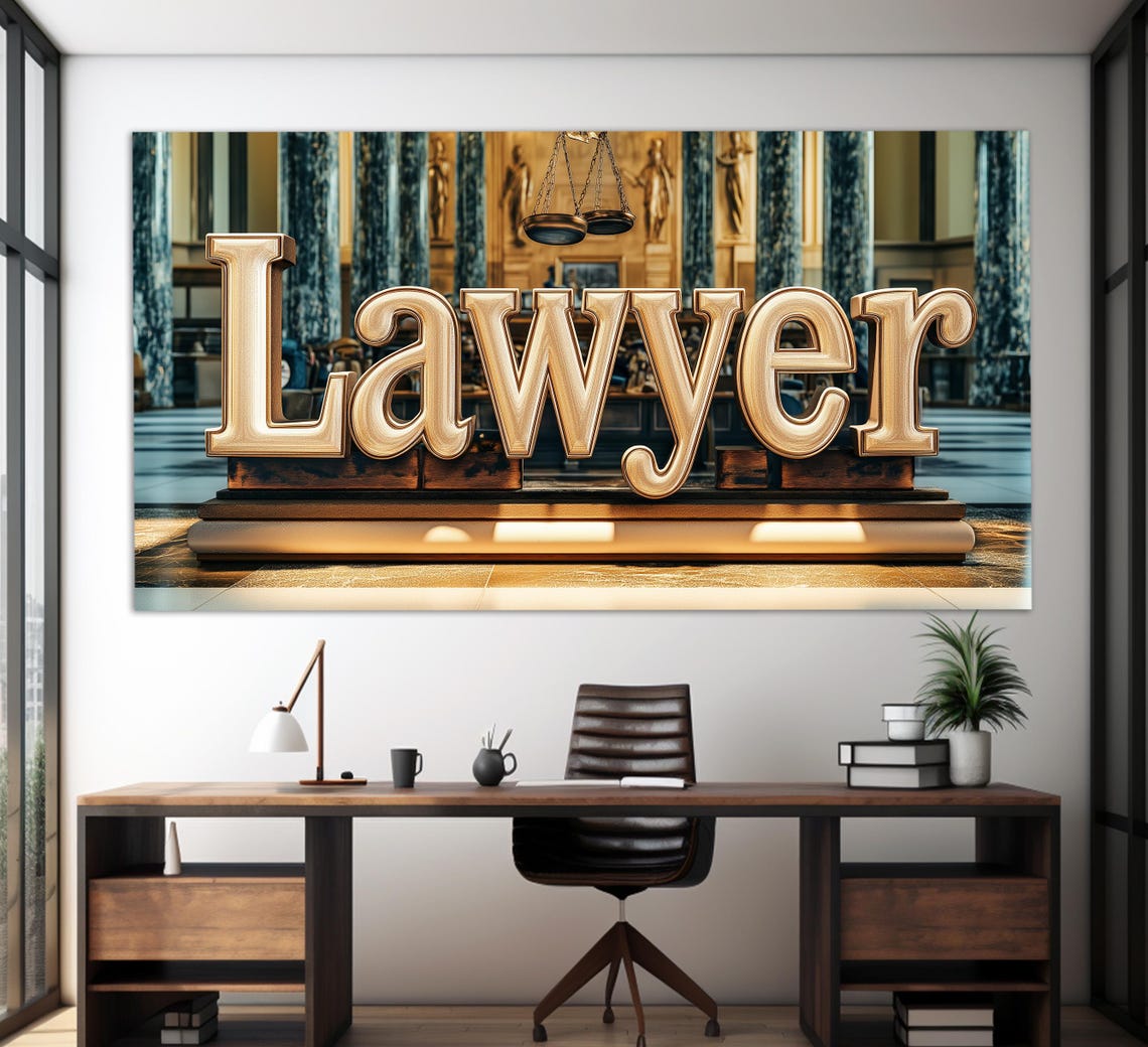 Dark Moody Lawyer Office Justice Scales Books Painting Wall Art Poster