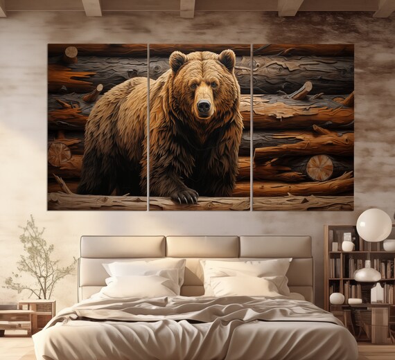 Grizzly Brown Bear Cabin Logs Triptych Wildlife Rustic Wall Art Print