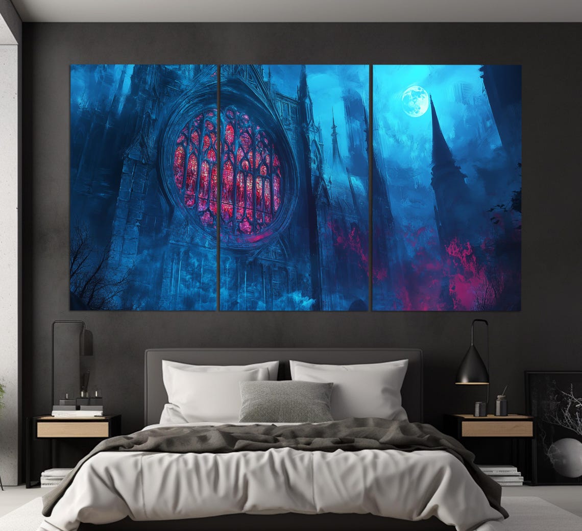 Gothic Cathedral Night Blue Moonlight Red Rose Window Fantasy Wall Art - Image 3