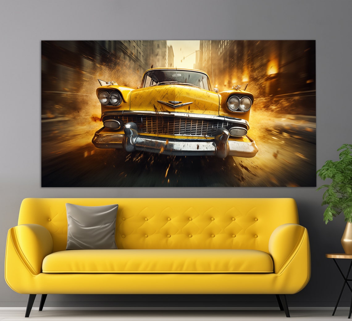Retro Taxi Car Print In A Vintage Oil Painting Style Taxi Wall Art Vintage Taxi Print Taxi Driver Gift Taxi Office Decor