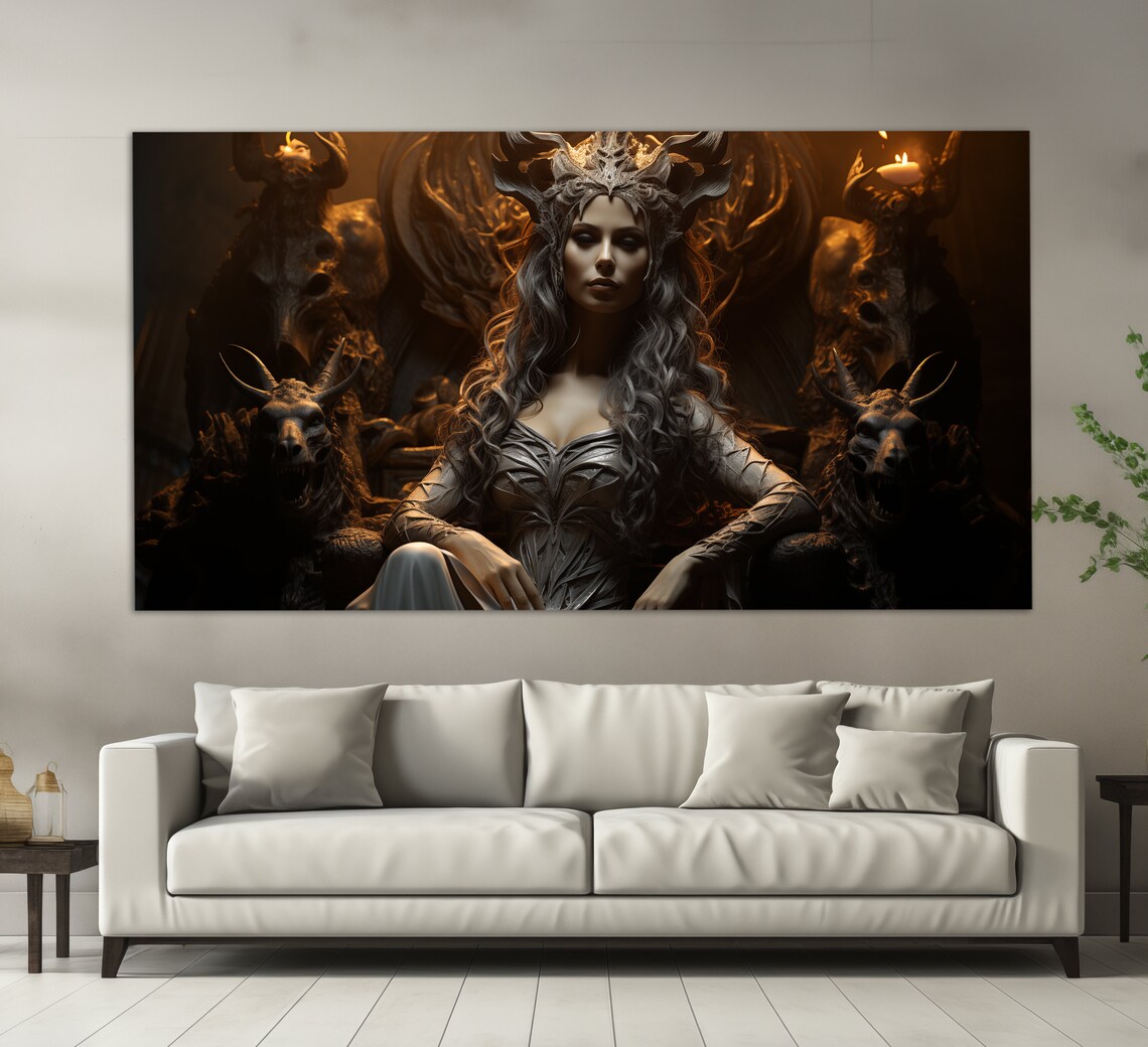 Dark Gothic Vampire Queen Throne Horns Candlelit Fantasy Portrait Poster