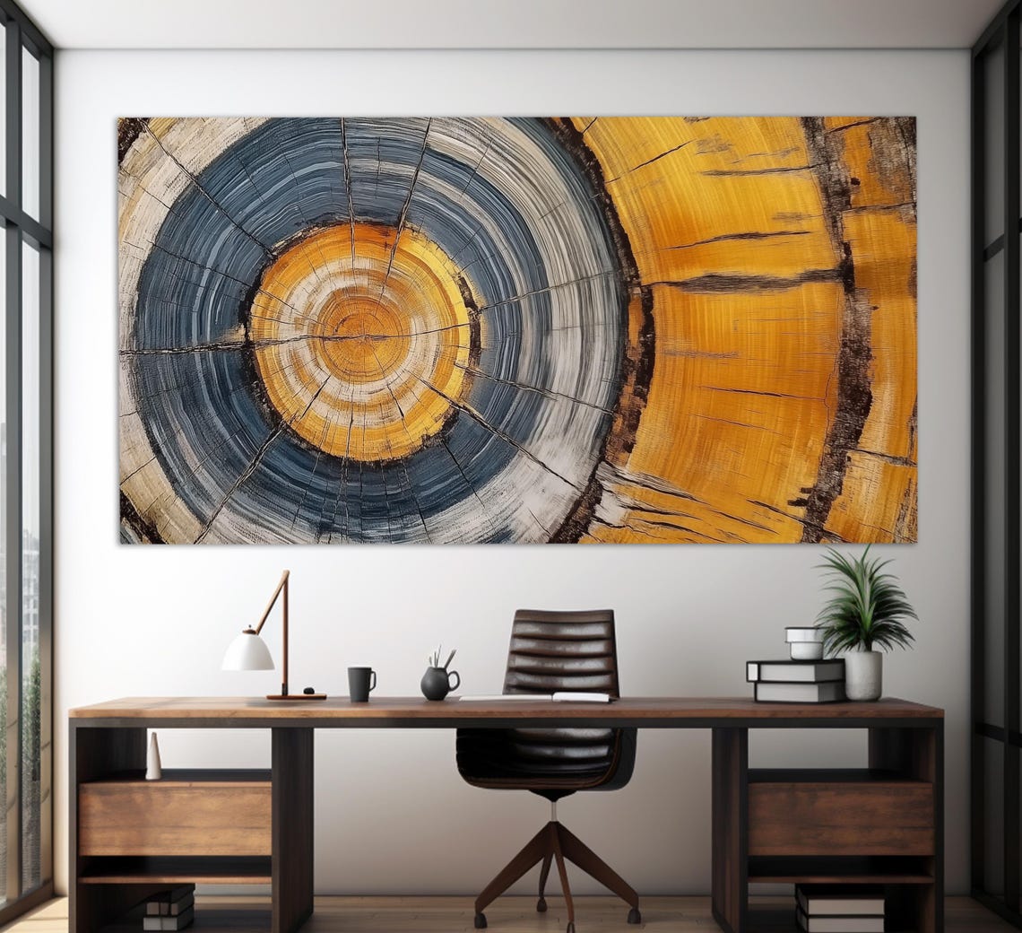 Golden Mustard And Slate Blue Tree Rings Cross Section Wall Art Poster - Image 4