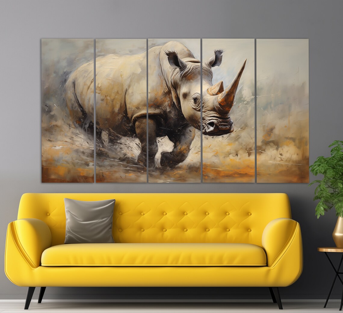 Charging Rhinoceros Neutral Beige Oil Painting Wildlife Wall Art - Image 2