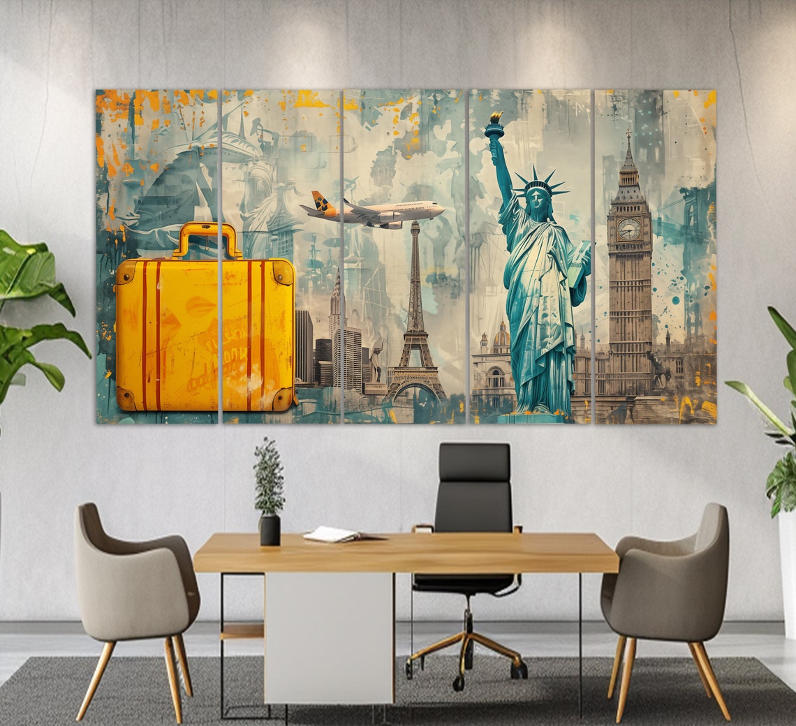 World Landmarks Suitcase Airplane Statue Liberty Eiffel Travel Poster - Image 3