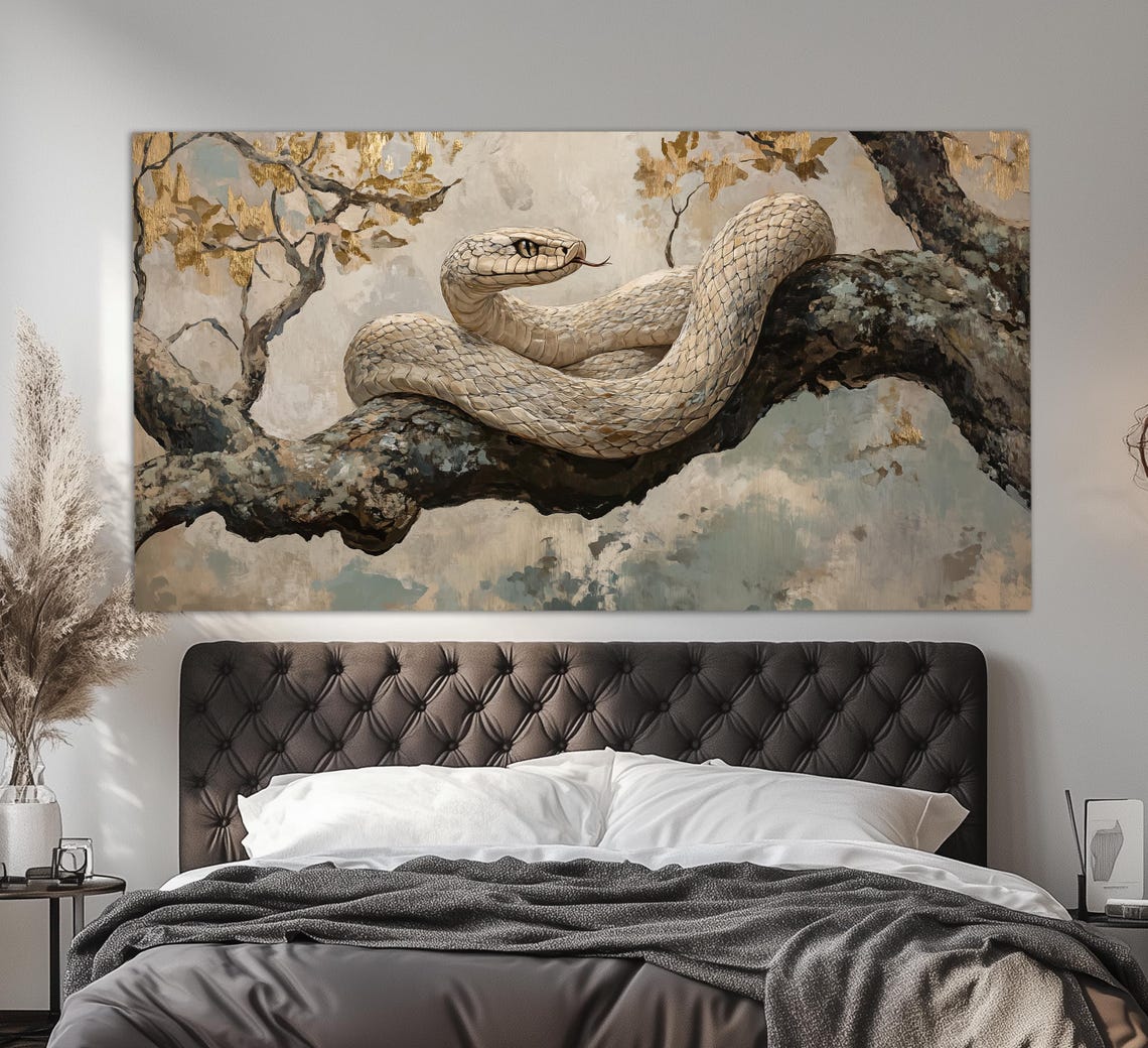 White Snake Coiled On Branch Gold Leaf Tones Wildlife Art Print