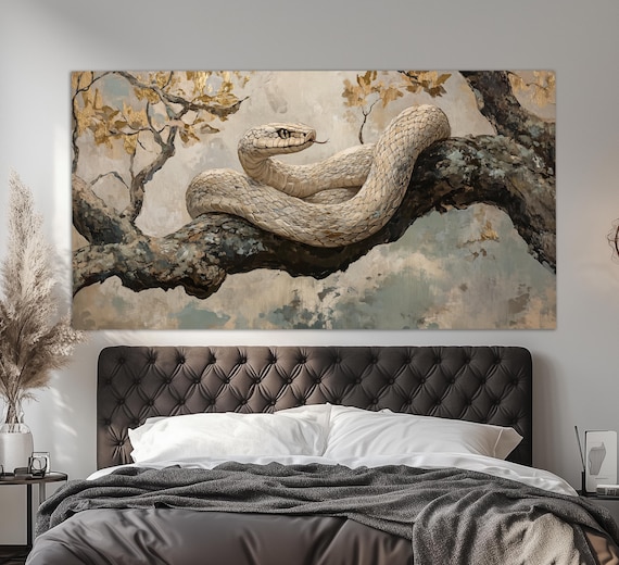 White Snake Coiled On Branch Gold Leaf Tones Wildlife Art Print