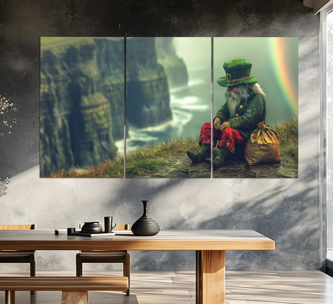 Leprechaun On Irish Cliffs Rainbow Pot Of Gold Fantasy Art Poster - Image 3