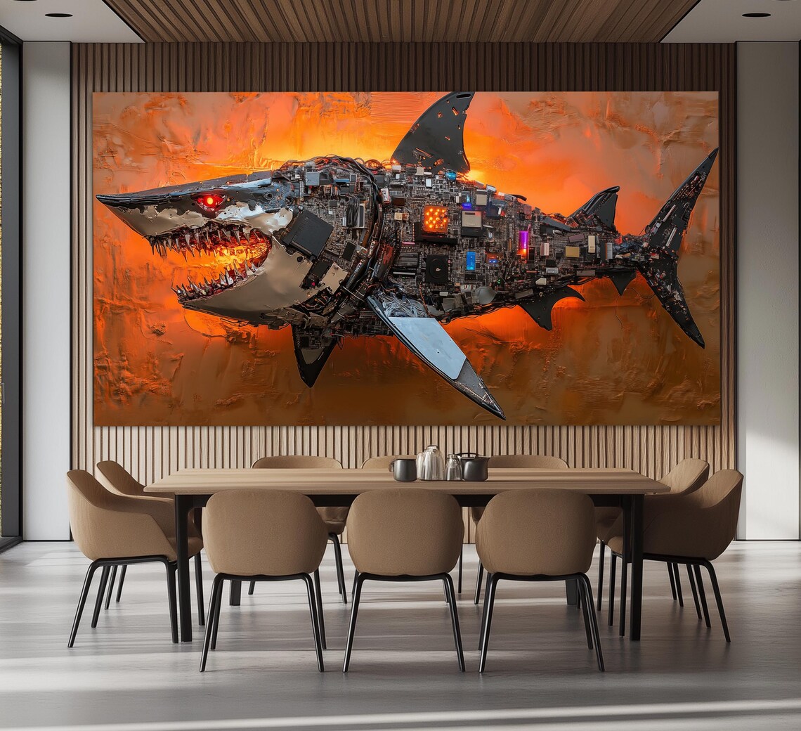 Robotic Shark Microchip Circuit Board Sculpture Fiery Orange Wall Art Poster - Image 4
