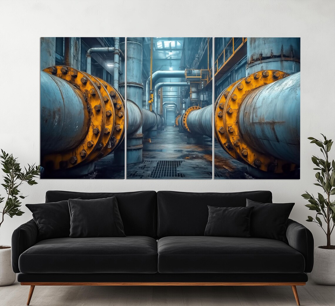 Industrial Factory Interior Blue Steel Pipes Yellow Flanges Wall Art - Image 3