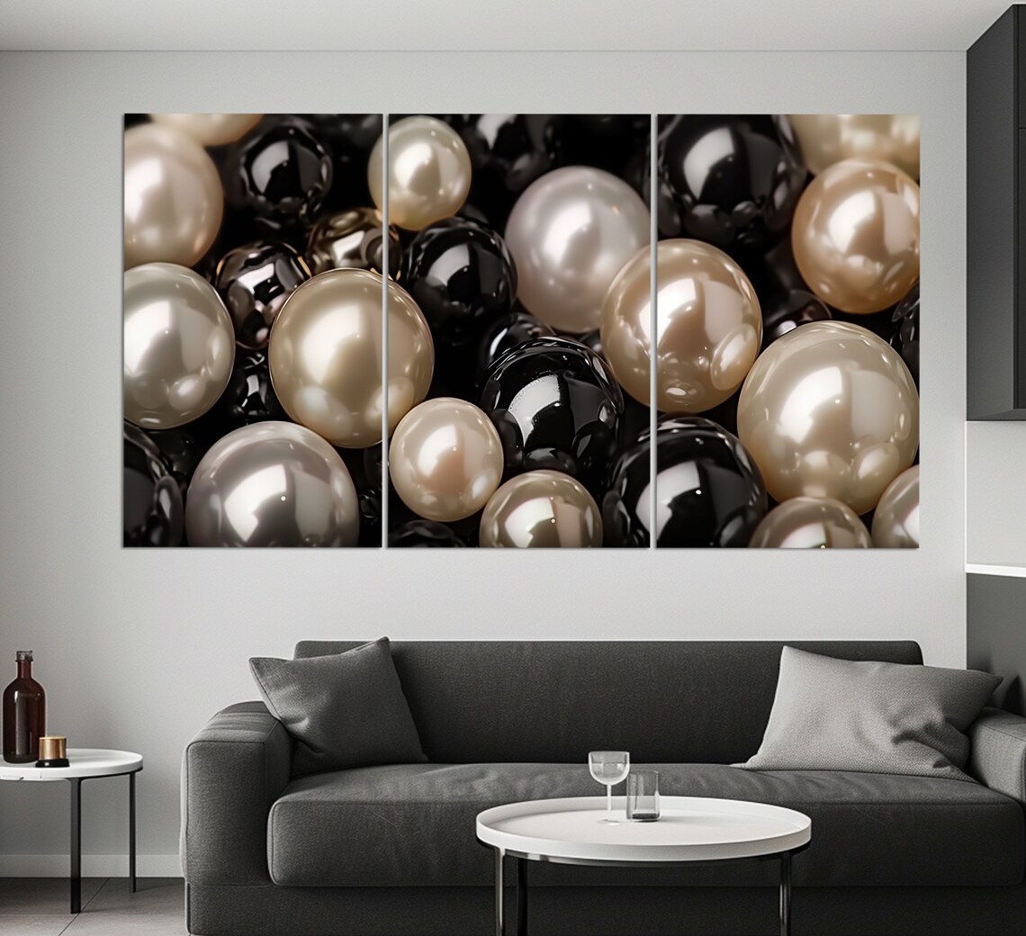 Black White Champagne Pearls Close Up Luxe Abstract Fashion Wall Art - Image 4