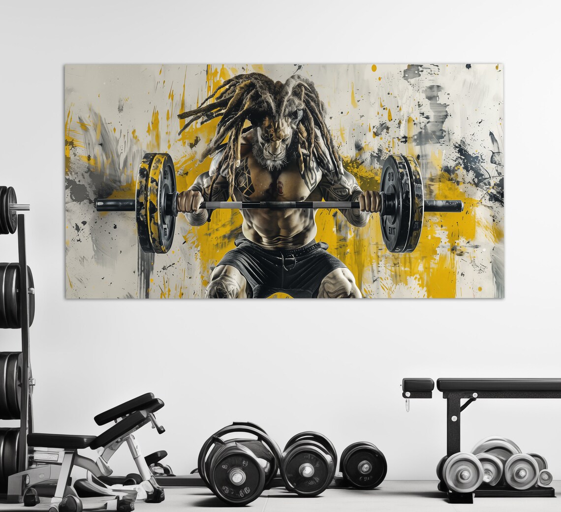 Lion Beast Barbell Squat Yellow Grunge Gym Fitness Motivation Poster - Image 3
