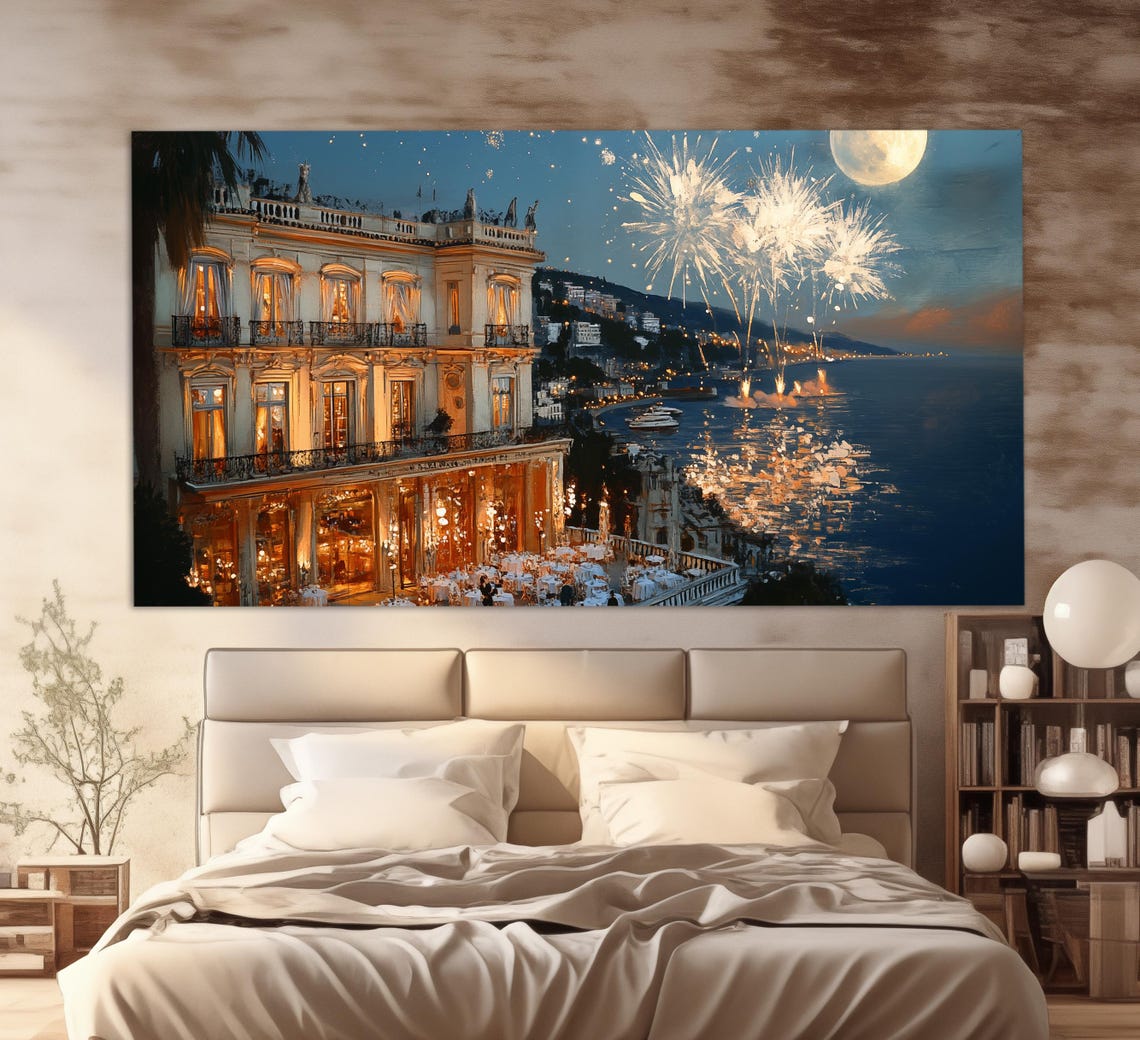 Nice French Riviera Waterfront Hotel Fireworks Moonlit Bay Poster