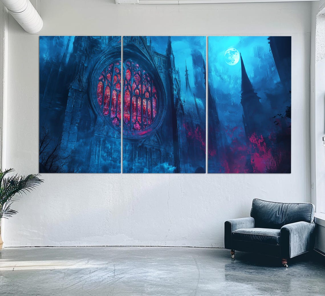 Gothic Cathedral Night Blue Moonlight Red Rose Window Fantasy Wall Art - Image 6