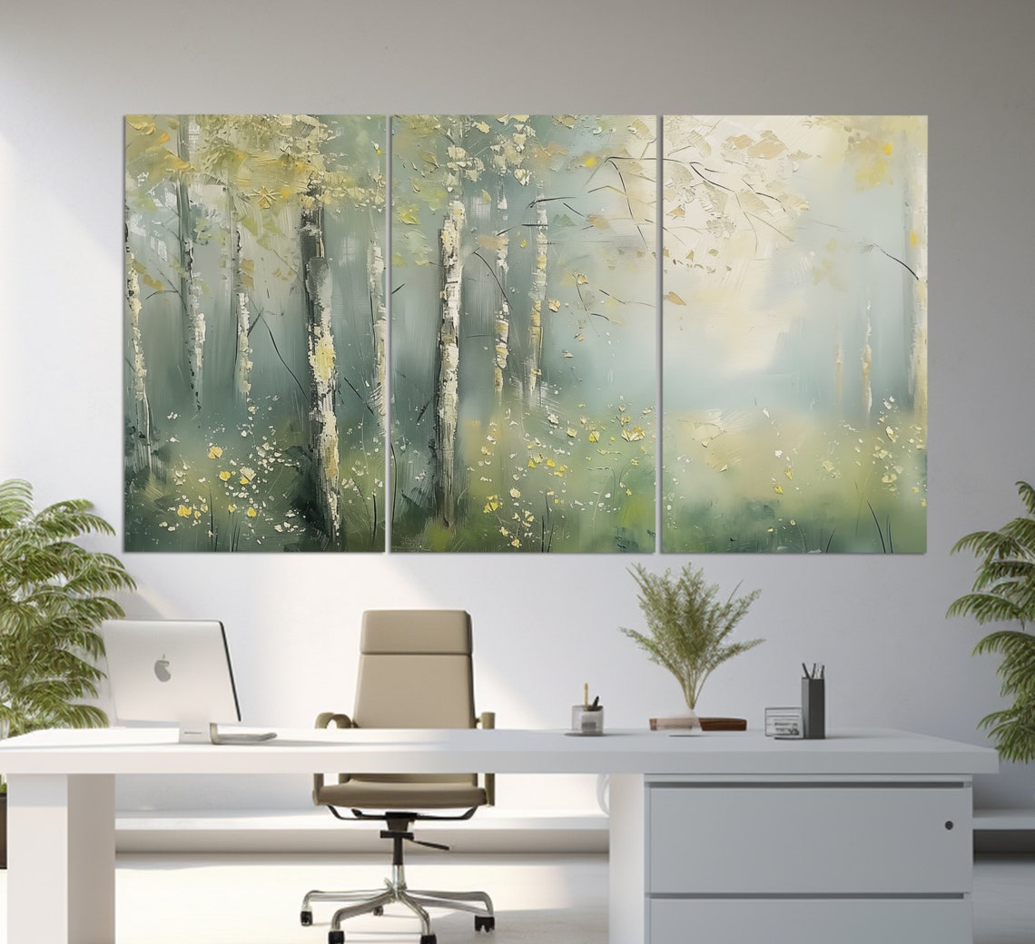 Misty Spring Forest Birch Trees Yellow Wildflowers Soft Light Wall Art - Image 6