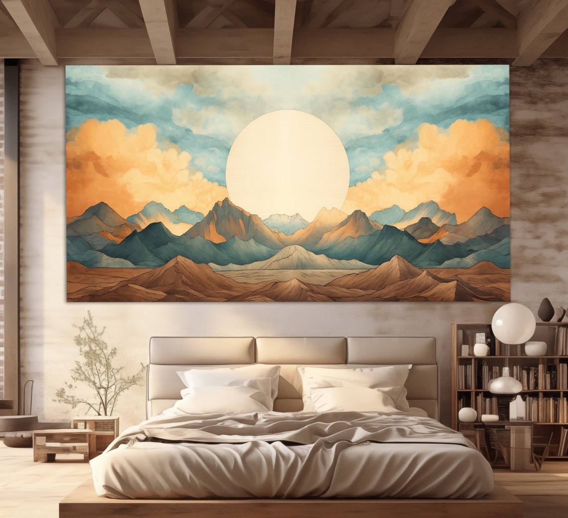 Neutral Colors Boho Mountains Print Boho Sun Over Mountains Poster Boho Wall Art Abstract Art Boho Decor Mid Century Wall Art