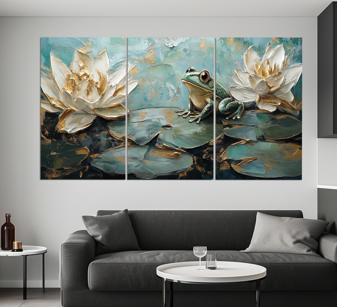 Abstract Frog in Water Lilies, Vintage Oil Style Art Print - Image 3