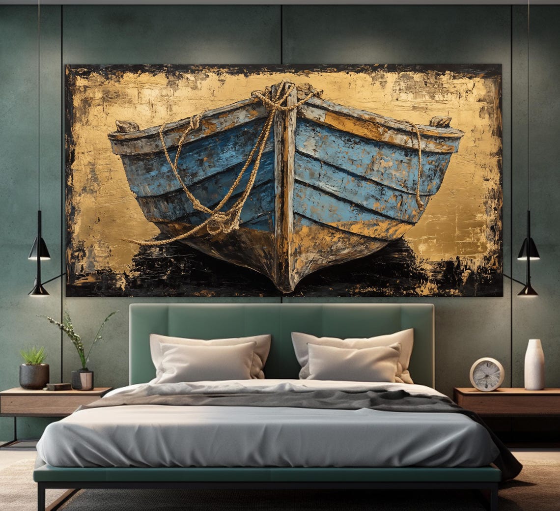 Old Wooden Boat Print In A Vintage Oil Painting Style Abstract Fishing Wall Art Old Fishing Boat Painting Retro Nautical Poster - Image 4