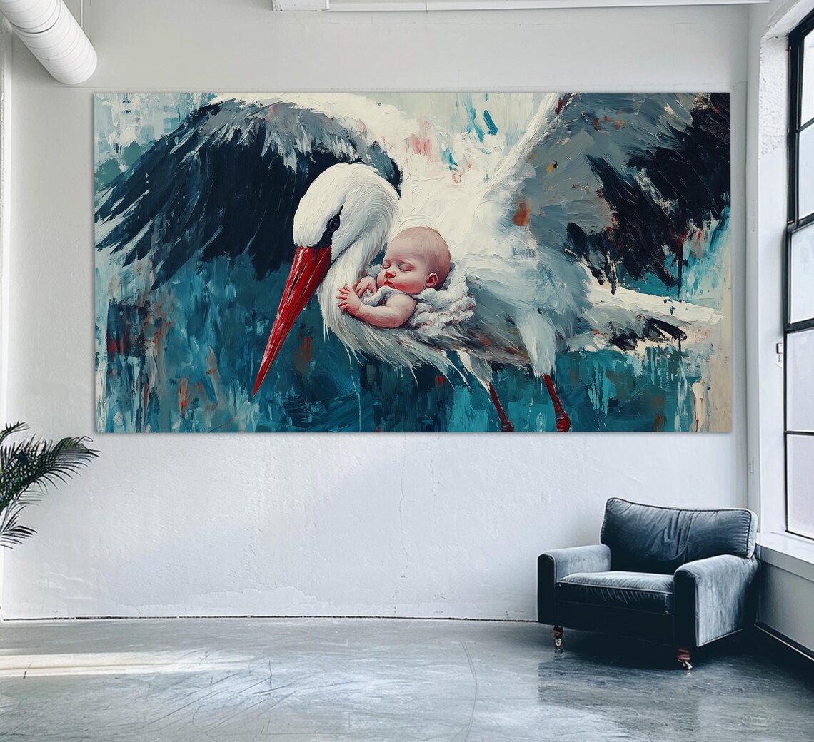 Stork Delivering Baby In Blanket Vintage Oil Painting Nursery Poster