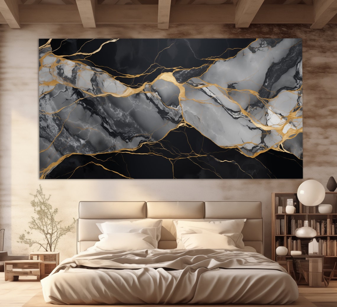 Black Marble Gold Veins Abstract Luxury Stone Texture Modern Wall Art