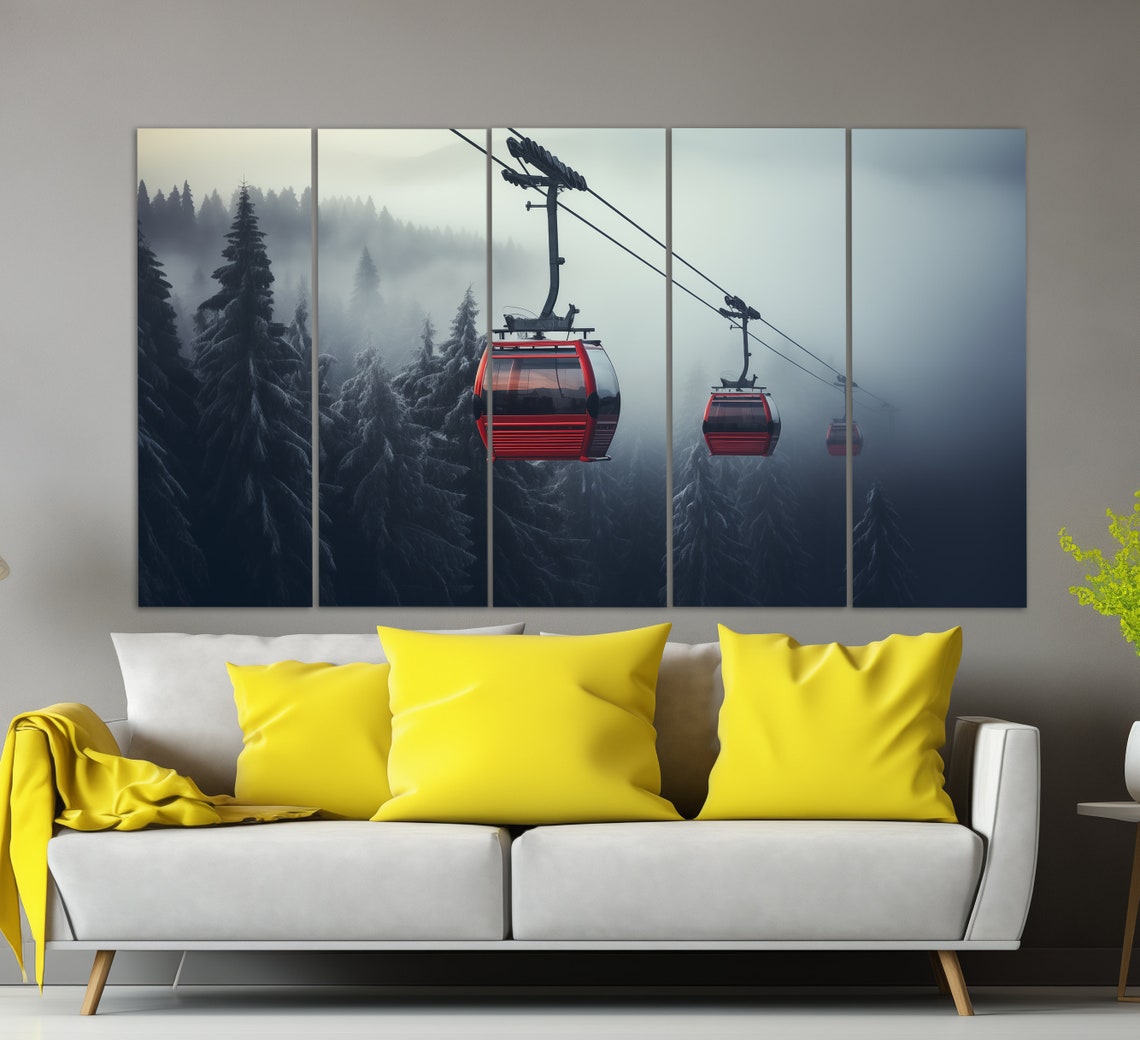 Red Cable Car Gondolas Misty Snowy Pine Forest Dusk View Poster - Image 3