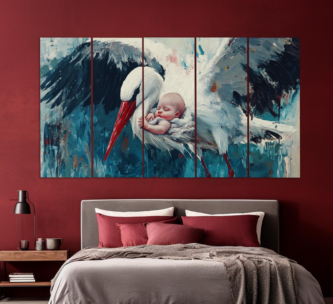 Stork Delivering Baby In Blanket Vintage Oil Painting Nursery Poster - Image 2
