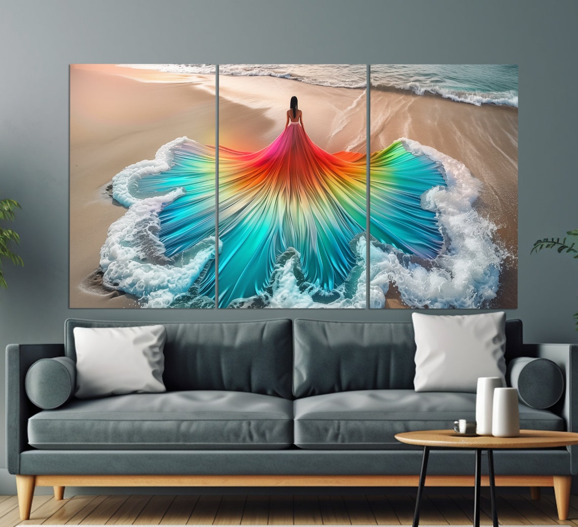 Woman In Rainbow Ocean Wave Gown On Sandy Beach Aerial View Wall Art - Image 6