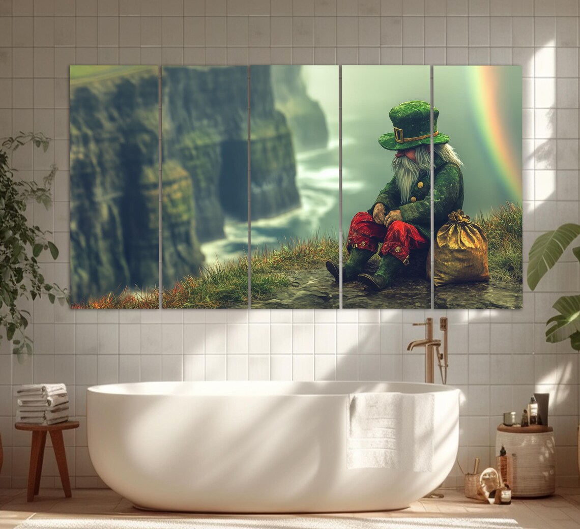 Leprechaun On Irish Cliffs Rainbow Pot Of Gold Fantasy Art Poster - Image 2