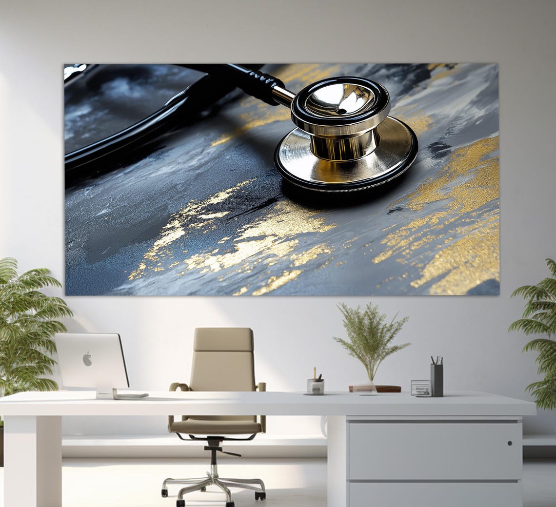 Stethoscope On Blue Marble Gold Veins Medical Decor Art Print