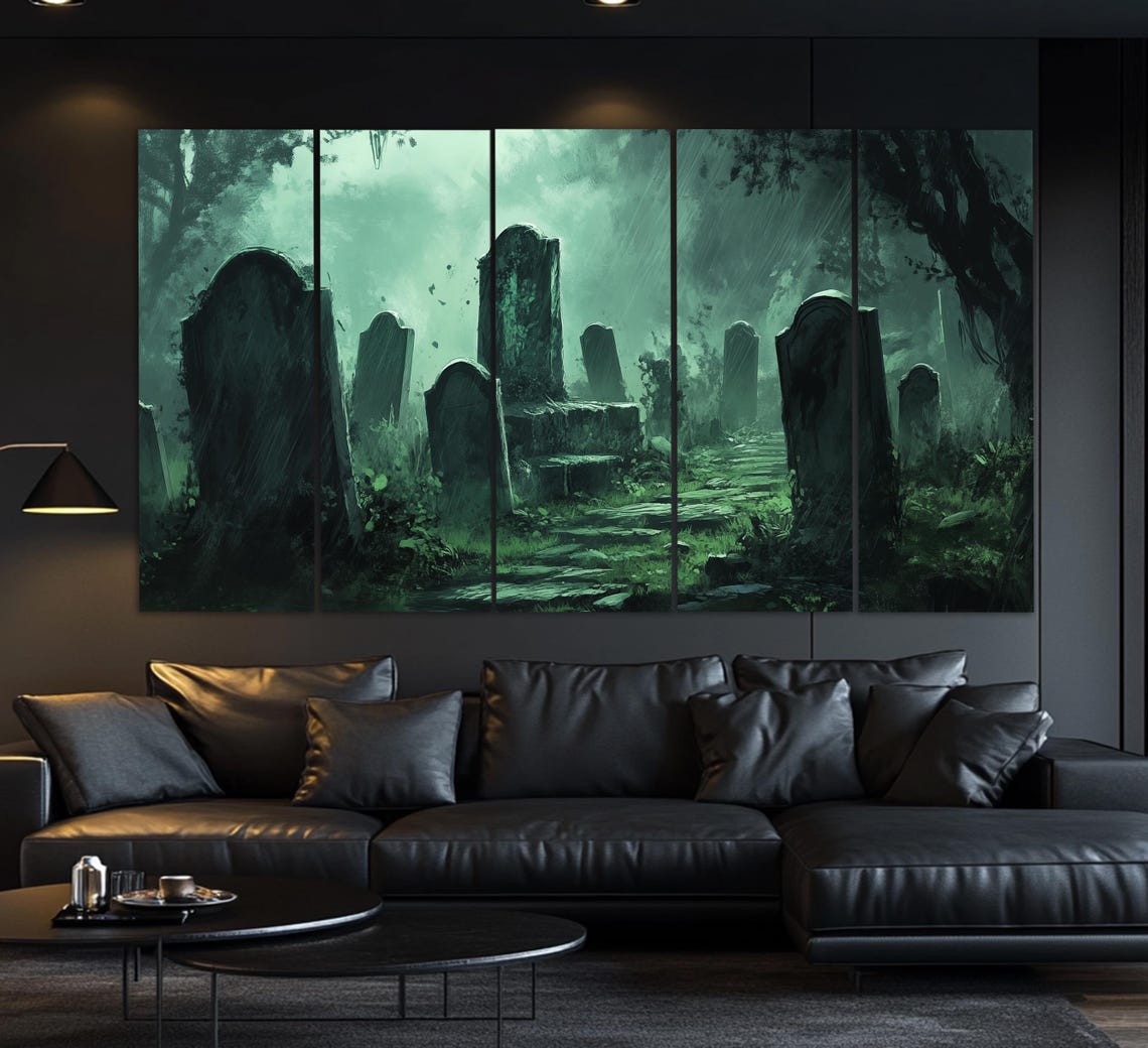 Night Graveyard With Broken Graves Print Abstract Gothic Painting Horror Wall Art Gothic Painting Horror Print Gothic Wall Decor - Image 4