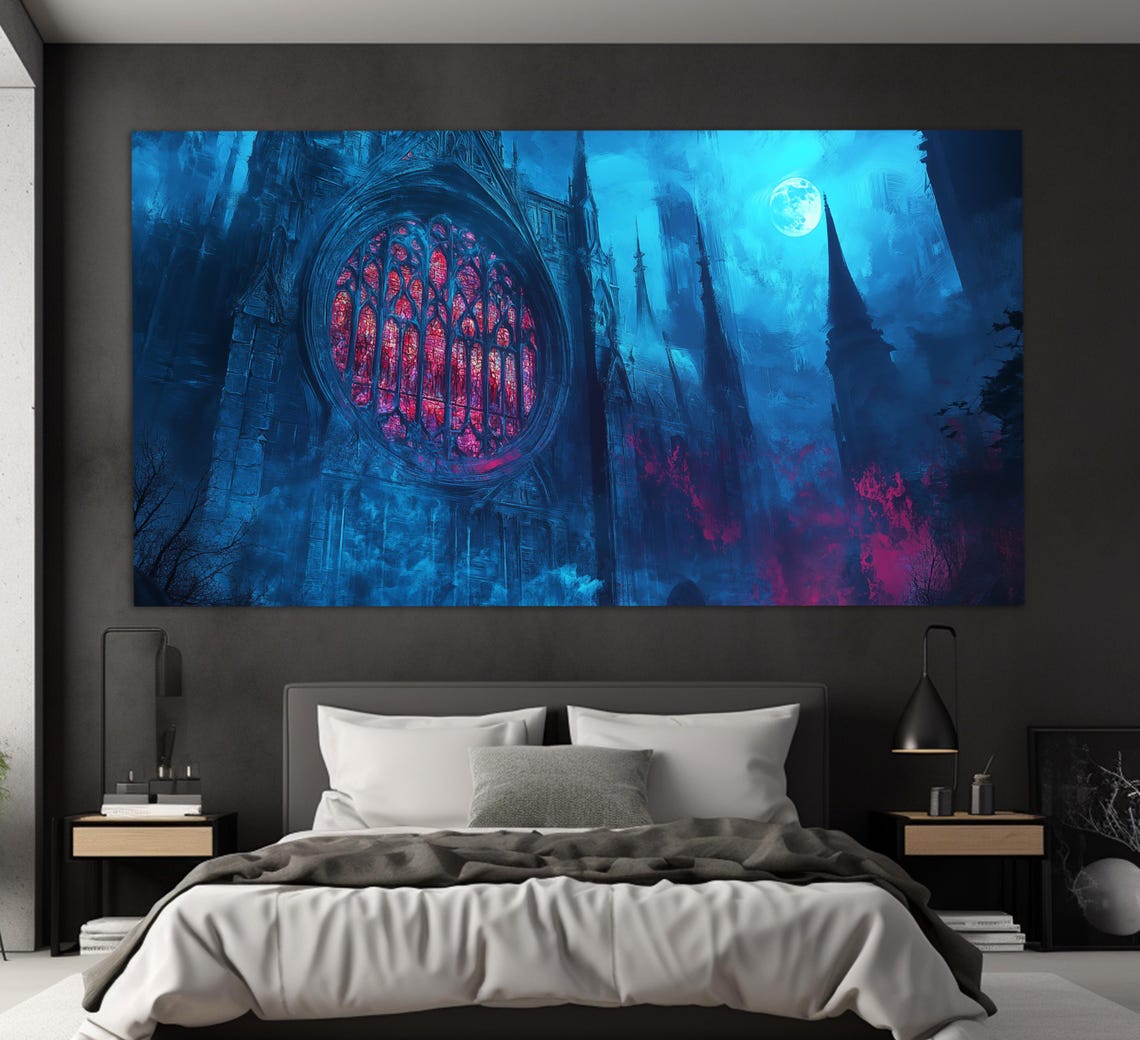 Gothic Cathedral Night Blue Moonlight Red Rose Window Fantasy Wall Art