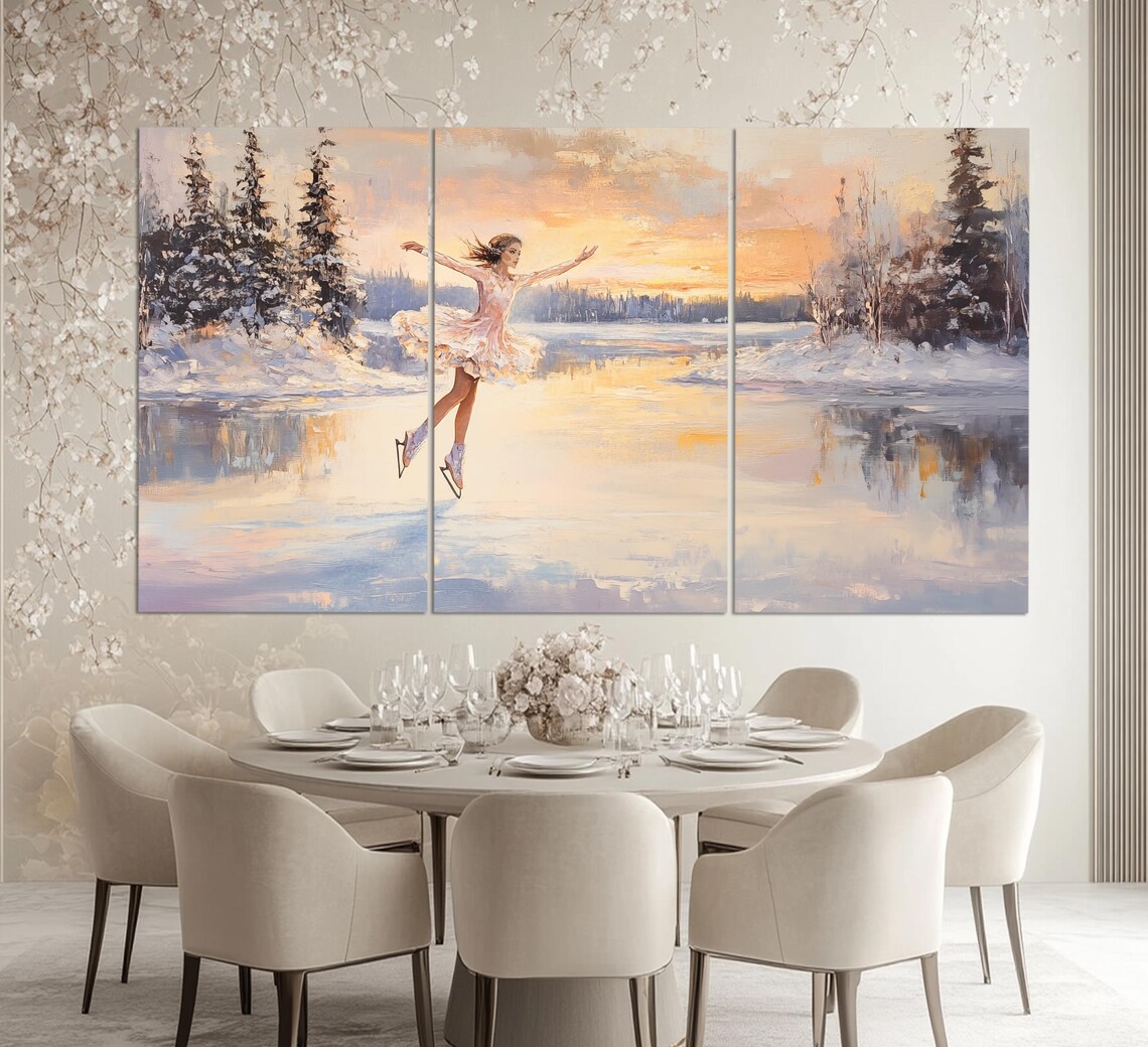 Figure Skating Wall Art Figure Skater On Winter Lake Print In An Vintage Oil Painting Style Figure Skating Poster - Image 6