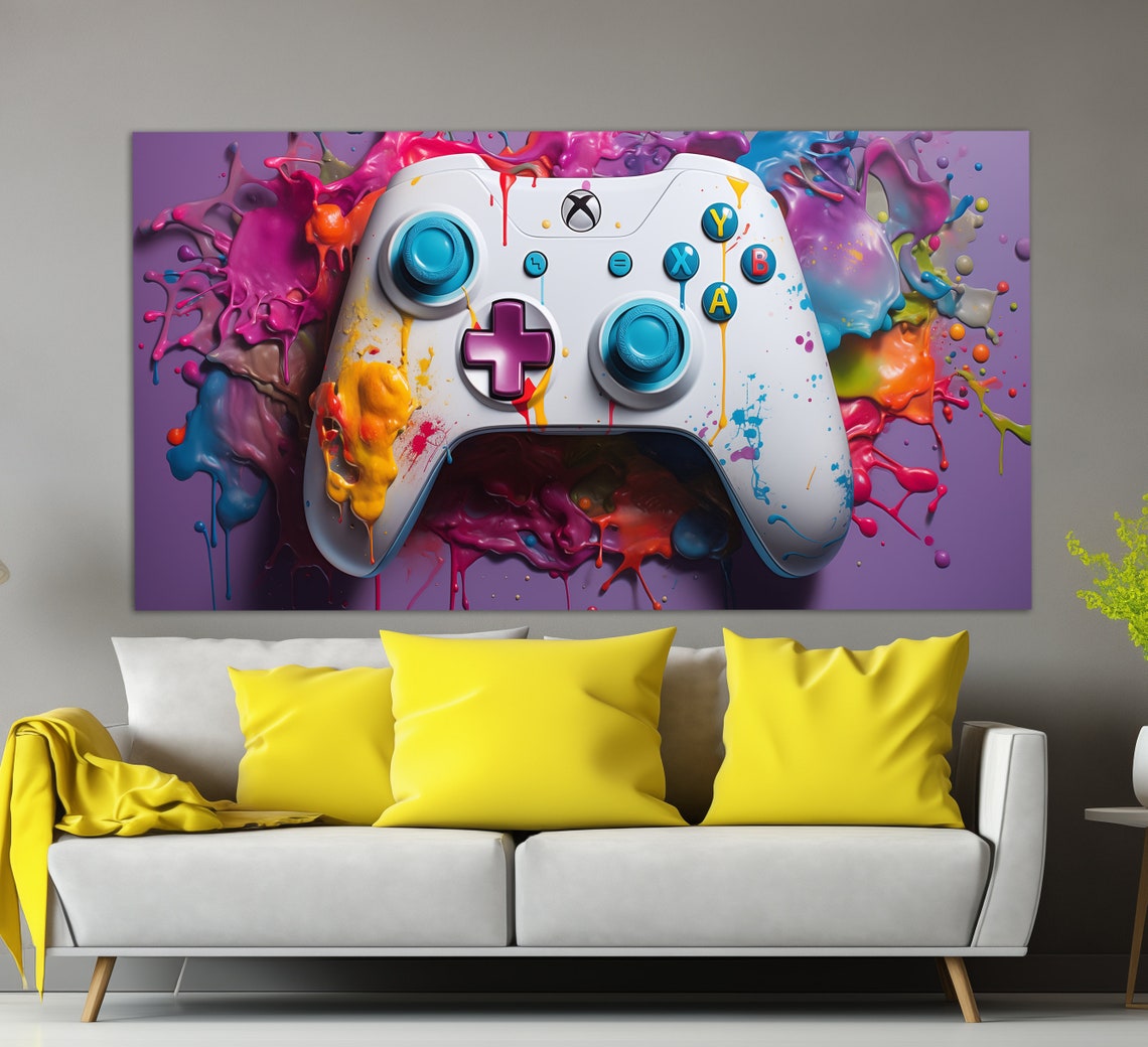 White Game Controller Colorful Paint Splashes Gaming Room Poster