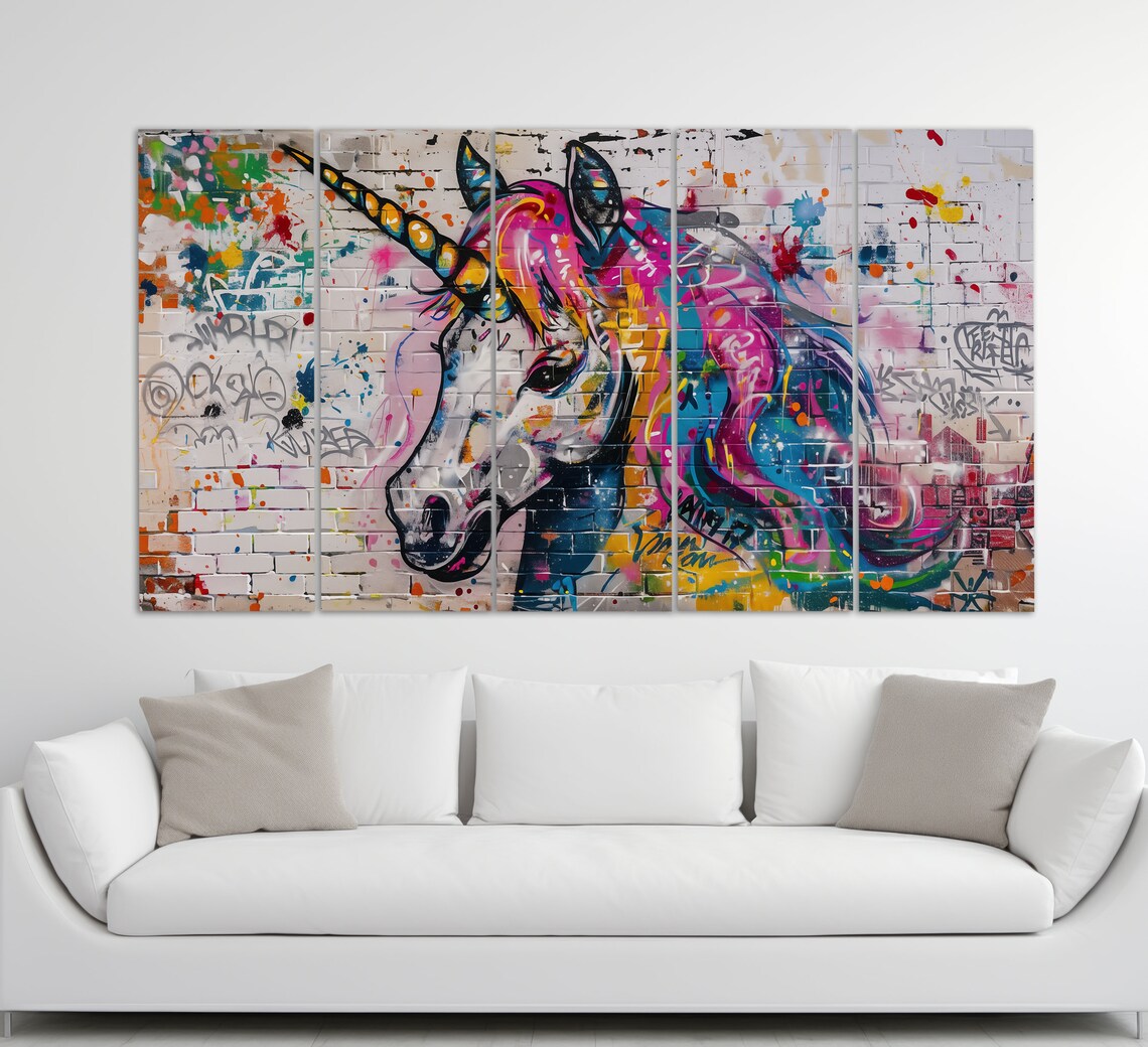 Unicorn Graffiti Street Art Brick Wall Kids Art Rainbow Neon Wall Mural Poster - Image 2