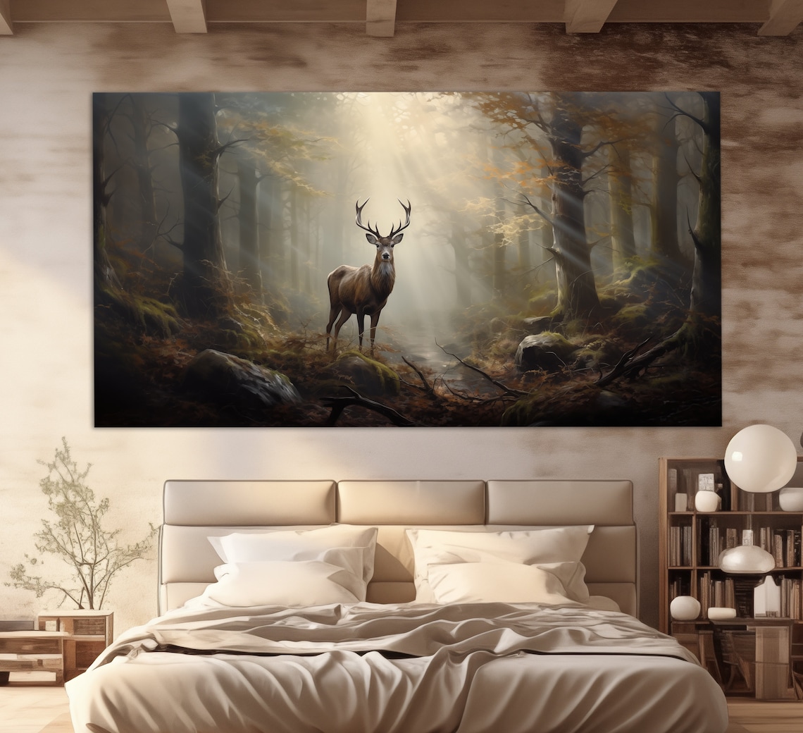 Deer In Forest, Vintage Oil Painting Style Art Print