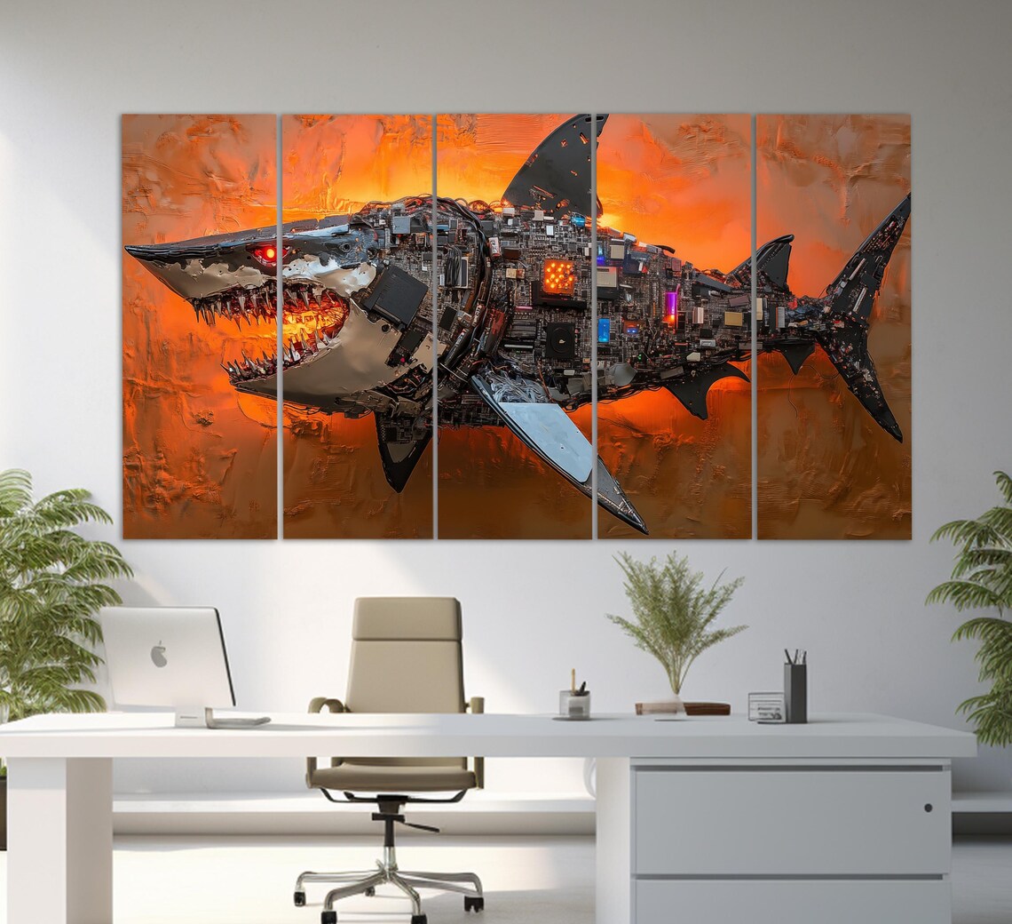 Robotic Shark Microchip Circuit Board Sculpture Fiery Orange Wall Art Poster - Image 5