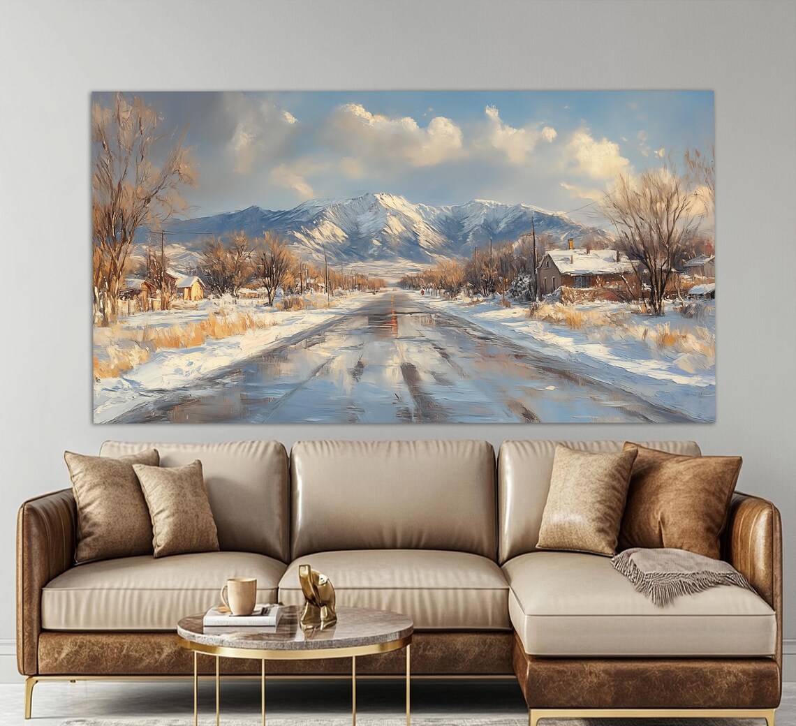Snowy Winter Country Road to Snowcapped Mountains Oil Painting Poster