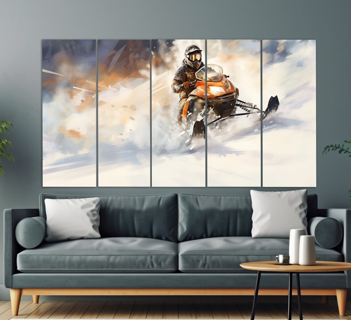 Orange Snowmobile Speeding Snow Watercolor Painting Winter Poster - Image 2