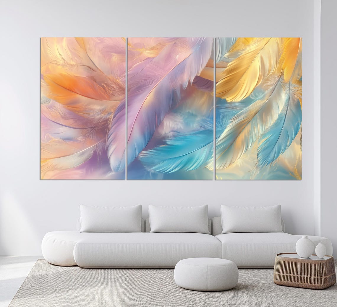 Soft Pastel Feathers Pink Yellow Blue Dreamy Neutral Bedroom Wall Art - Image 3