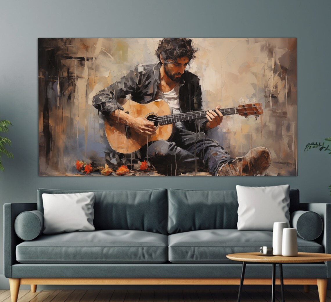 Abstract Street Musician Playing Guitar, Vintage Art Print