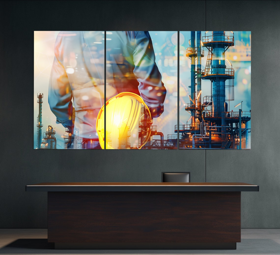 Industrial Refinery Plant Engineer Silhouette Double Exposure Poster - Image 2